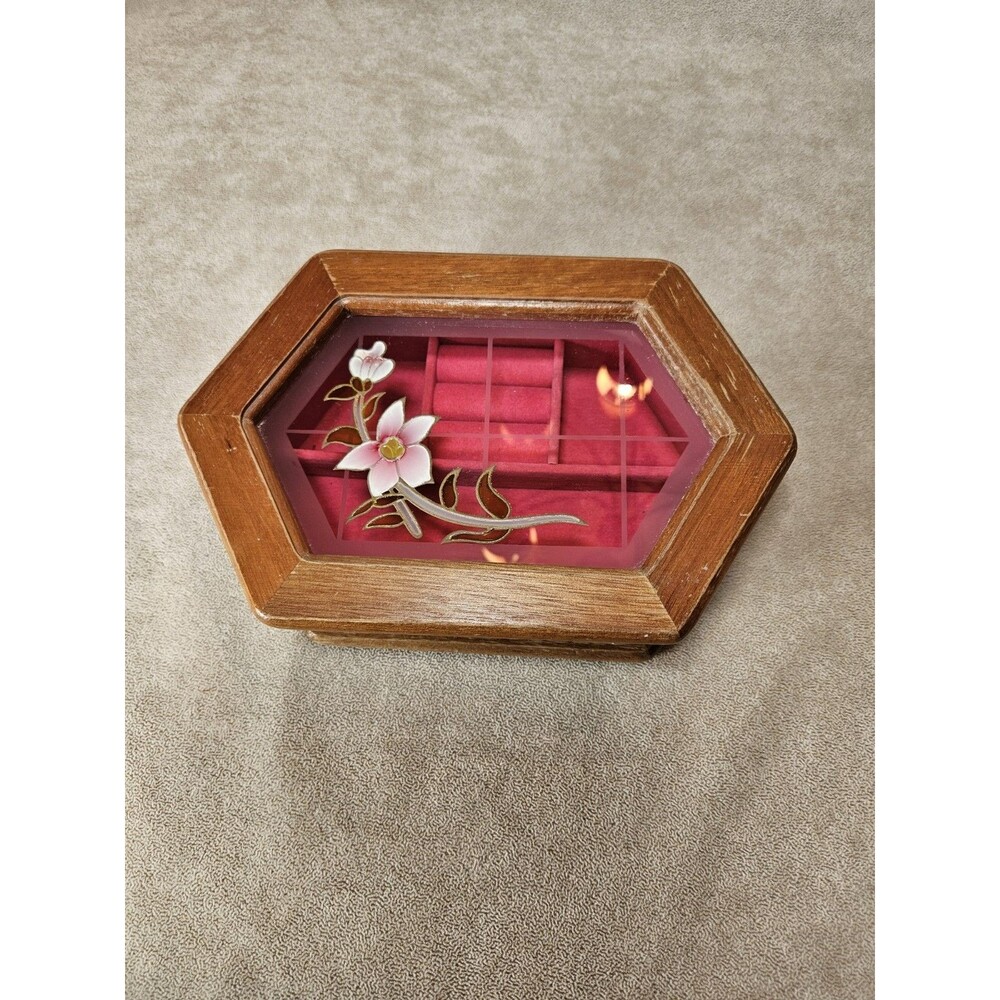 VINTAGE Floral Oak Jewelry Box Hexagonal Pink Velvet 9"Lx6"Wx2.5"H